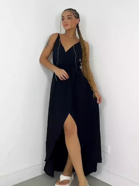 Vestido Feminino Longo em Viscolinho de Alça Transpassado Meire Ref. 1299 Tamanho:Único;Cor:Off white