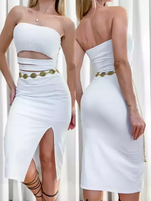 Vestido Feminino Midi em Poliamida sem Alça Recorte Triplo Thamires Ref. 1304 Tamanho:Único;Cor:Preto