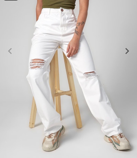 Calça jeans color reta destroyed branca