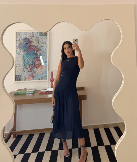 vestido longo zara tricot com transparência azul marinho