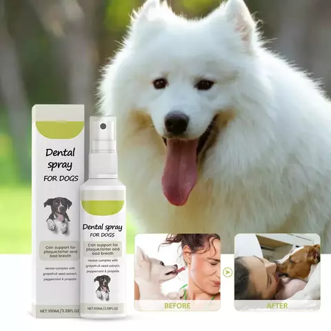 Spray oral de limpeza dentária e controle de hálito para cães e gatos.