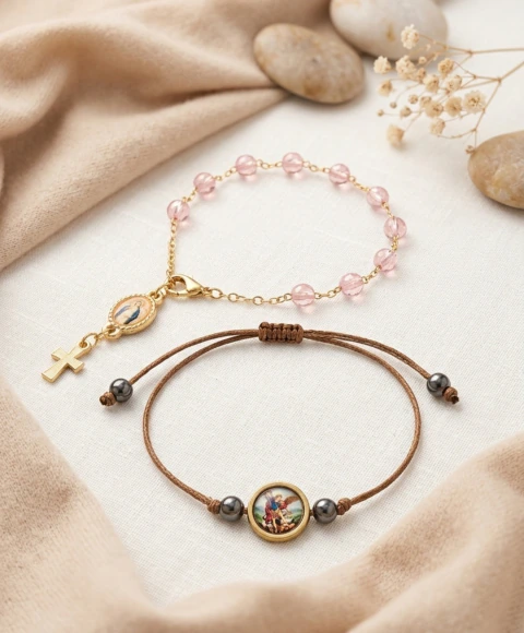 Kit Pulseiras Nossa Senhora + São Miguel Arcanjo Ajustável Hematita