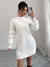Imagem do Elenzga Vestido de Malha Branco com Painel Felpudo, Gola Levantada e Cor Sólida Casual para Mulheres, Cinto Não Incluído