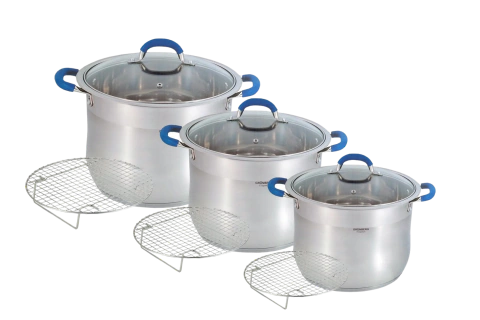 Set de Ollas Grunberg Belly 9 Piezas | Acero Inoxidable 7 Capas | 14, 17 y 21 Litros | Con Rejillas | Apta Inducción