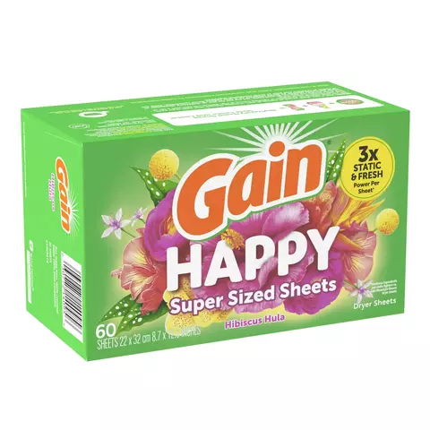 Lenços para secadora Gain Super Sized, Happy, aroma de hibisco e hula, 60 unidades