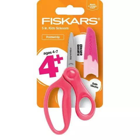 Tesoura infantil Fiskars de 5" com ponta rosa, para crianças de 4 a 7 anos, tesoura para escola primária