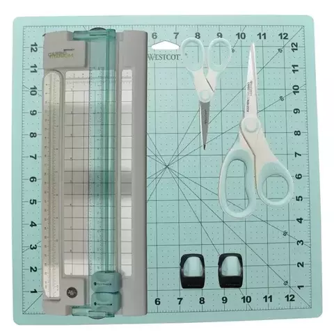 Conjunto de artesanato em papel Westcott, aparador, 9", tesoura, 8", 5", tapete de artesanato, 12" x 12", azul, pacote com 5