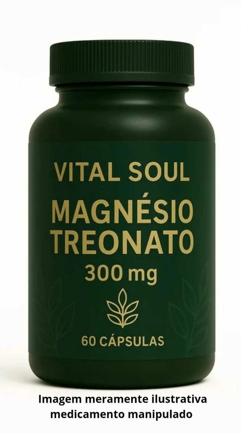 Frasco verde escuro com rótulo do suplemento Magnésio Treonato 300 mg da marca Vital Soul com 60 cápsulas