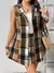 SHEIN CURVE+ Conjunto de 2 Peças com Casaco de Lã Casual Regular com Gola Xadrez e Recortes sem Mangas e Saia Curta de Lã Xadrez Tamanho Plus Size