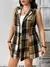 SHEIN CURVE+ Conjunto de 2 Peças com Casaco de Lã Casual Regular com Gola Xadrez e Recortes sem Mangas e Saia Curta de Lã Xadrez Tamanho Plus Size