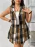SHEIN CURVE+ Conjunto de 2 Peças com Casaco de Lã Casual Regular com Gola Xadrez e Recortes sem Mangas e Saia Curta de Lã Xadrez Tamanho Plus Size