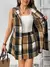 SHEIN CURVE+ Conjunto de 2 Peças com Casaco de Lã Casual Regular com Gola Xadrez e Recortes sem Mangas e Saia Curta de Lã Xadrez Tamanho Plus Size