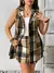 SHEIN CURVE+ Conjunto de 2 Peças com Casaco de Lã Casual Regular com Gola Xadrez e Recortes sem Mangas e Saia Curta de Lã Xadrez Tamanho Plus Size