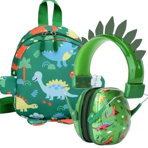 Kit Aventura Dinossauro 3D Abafador de Ruído Mochila Menino