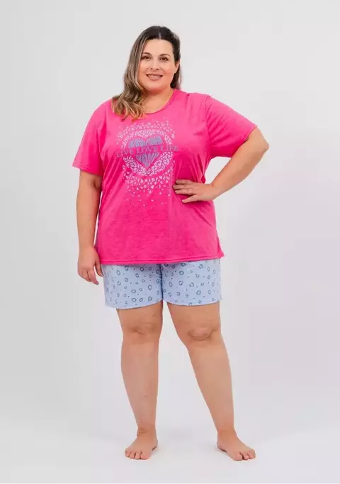 Pijama Feminino Plus Size Verão - Coração Vibrante Rosa e Azul - comprar online