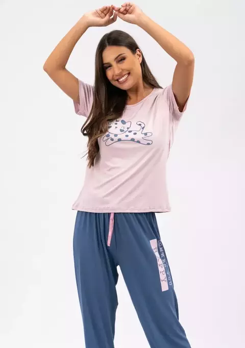 Pijama Feminino Meia Estação - Estou de Férias Rosa e Azul - comprar online