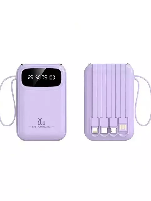 Power Bank Batería Portátil 5000mah con 4 Cables Incorporados USB, Tipo C, Micro USB Pila Portatil Compatible para iPhone Con luz LED