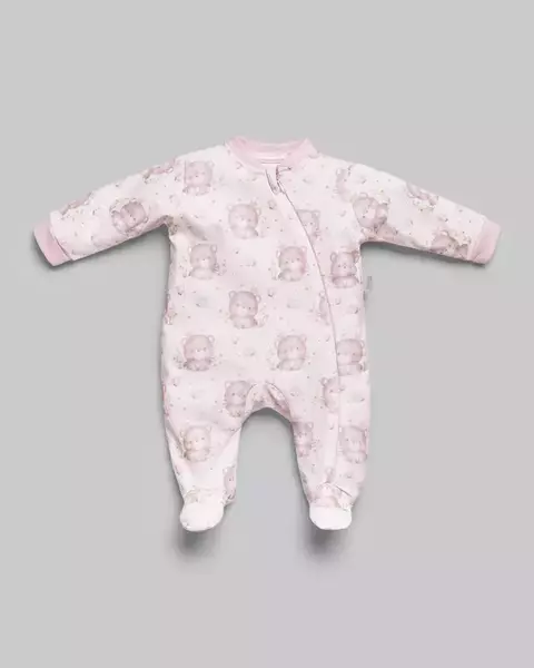 Macacão com babado na gola e estampa de ursinho - 100% Algodão Egípcio