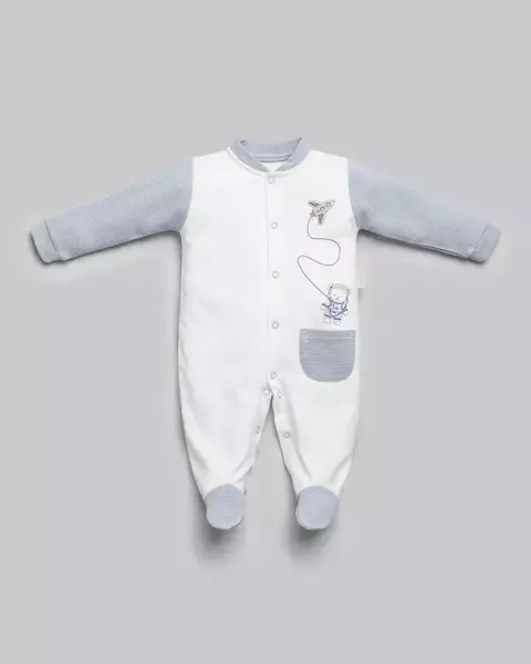 Macacão com detalhes canelado e com bordado de astronauta - 100% Algodão Egípcio