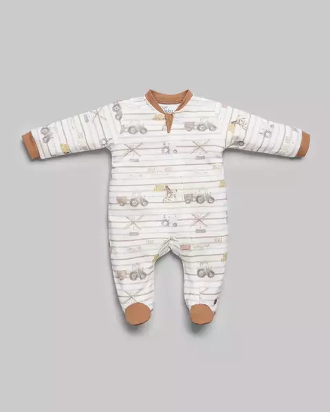 Macacão com detalhe em ferrugem e estampa de fazendinha - 100% Algodão Egípcio