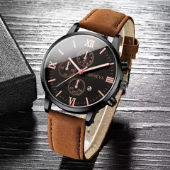 Relógio Casual para Homem – Calendário Integrado e Pulseira de Couro Premium - Camisa Raiz