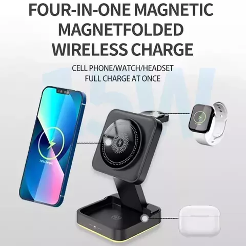 Carregador magnético sem fio dobrável 4 em 1, luz led, estação doca de carre