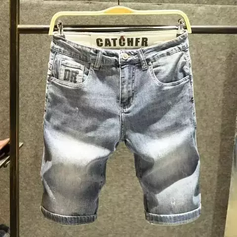 Shorts masculinos de cintura média jeans de verão, marca da moda, impressão v