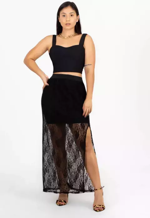 Conjunto Cropped e Saia de Renda com Fenda Lateral Preto | C0001