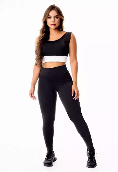 Calça Legging Preta Com Detalhe em Vivo Branco Cintura Alta e Cropped Regata Academia Conjunto Fitness Feminino | REF: CSV19