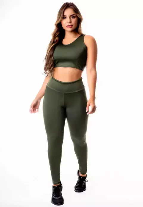 Calça Legging Verde Militar Cintura Alta e Cropped Regata Academia Conjunto Fitness Feminino | REF: CSV23