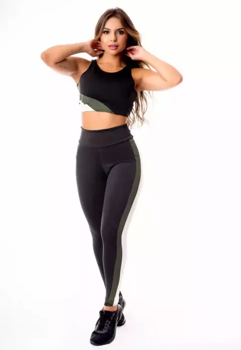Feminino Calça Legging Preta com Faixas Verde Militar e Branco Cintura Alta e Cropped Regata Academia Conjunto Fitness | REF: CSV29
