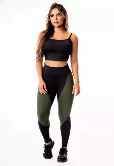 Feminino Calça Legging Preta com Verde Militar Cintura Alta e Cropped Alcinha Academia Conjunto Fitness | REF: CSV3