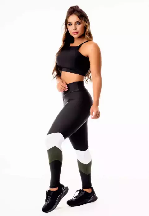 Feminino Calça Legging Preta com Verde Militar e Branco Cintura Alta e Cropped Alcinha Academia Conjunto Fitness | REF: CSV5