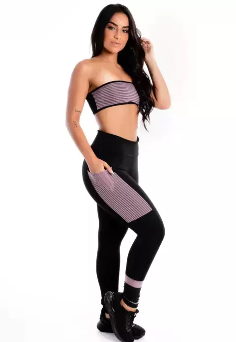Conjunto Calça Legging Preta com Violeta e Bolso Conjunto Cropped | REF: LX267