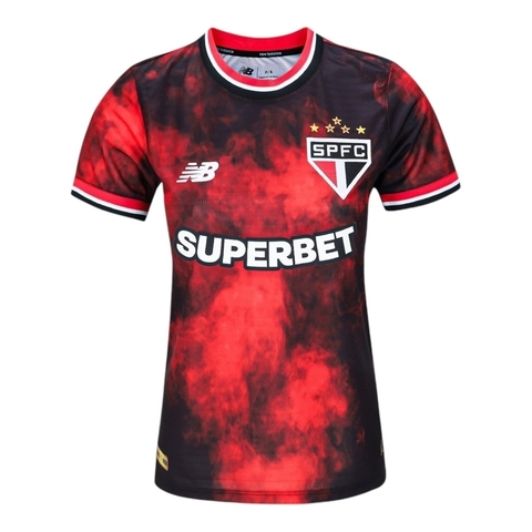 Camisa São Paulo III 24/25 - Torcedor New Balance Feminina - Vermelha e preta e Com Patrocínio