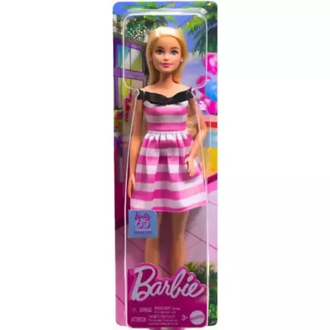 Boneca Barbie Vestido Rosa Listrado Aniversário 65 Anos – HTH66