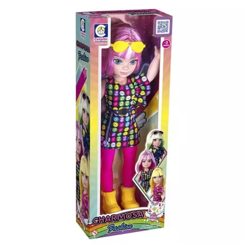 Boneca Charmosa Fashion Cabelo Rosa com Adesivos – 2756