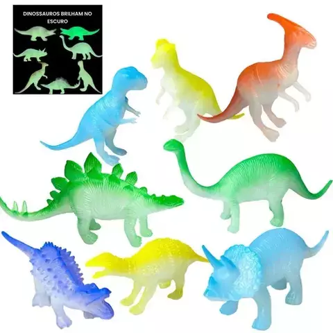 Kit 8 Dinossauros Emborrachados Que Brilham No Escuro Neon
