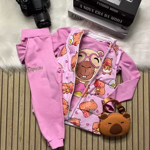 Conjunto Capivara com Colete Fofinho – Rosa com Estampa Fofa