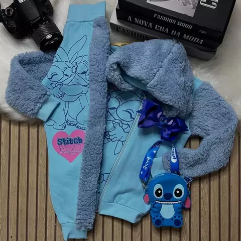Conjunto Infantil Inverno Stitch & Angel com Capuz Peluciado – Azul