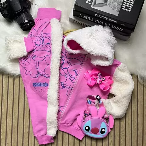 Conjunto Infantil Inverno Stitch & Angel com Capuz Peluciado – Rosa