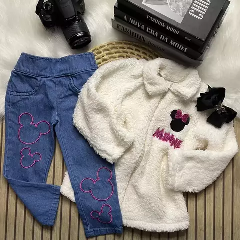 Conjunto Infantil Inverno Minnie com Jaqueta Peluciada e Legging Jeans – Delicado e Quentinho!