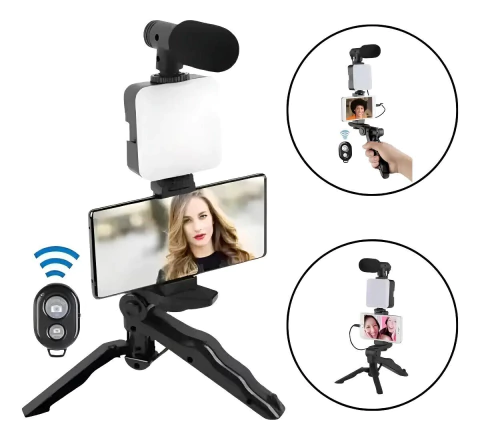 Kit de Tripé Estabilizador Portátil 5-em-1 com Gimbal para Gravação de Vídeo Móvel e Microfone