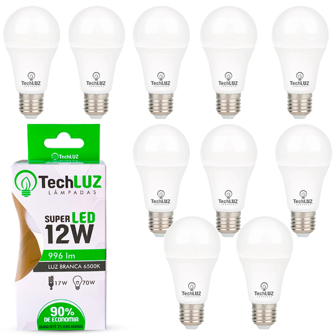 Kit 10 Lâmpadas LED 12W 6500K E27 Luz Branca Fria Techluz