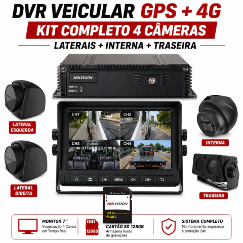 KIT GRAVADOR VEICULAR 4CH C/ 4 CAMERAS DS-MP5304-SD HIKVISION Monitor e Cartão SD 128GB