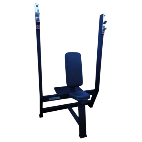 banco fijo de hombros con soporte olimpico de la marca hefesto, imagen de fondo blanco, estructura negra y tapizado color negro vista de frente 