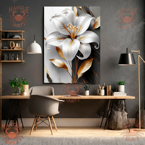 Lírio Branco e Dourado - Elegância - Arte moderna em Tela Acetinada
