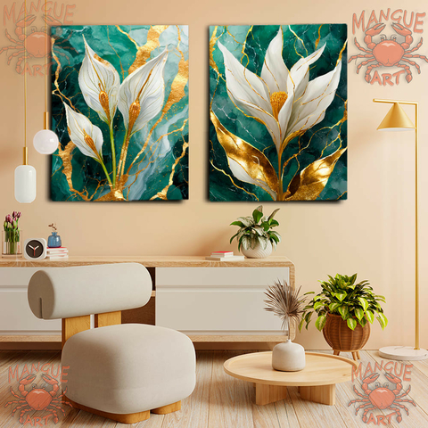 Kit duo Flor de Lírio Branco e Dourado com Fundo de Mármore - Arte em Tela acetinada