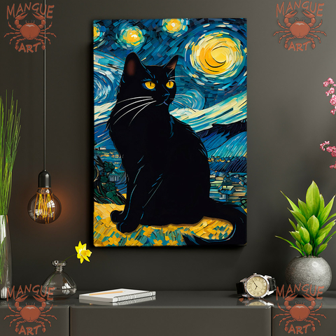 Noite Estrelada com Gato Preto - Releitura de Van Gogh - Arte em Tela Acetinada