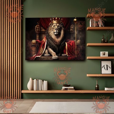 Rei Leão no Trono - Arte Majestosa em Tela Acetinada